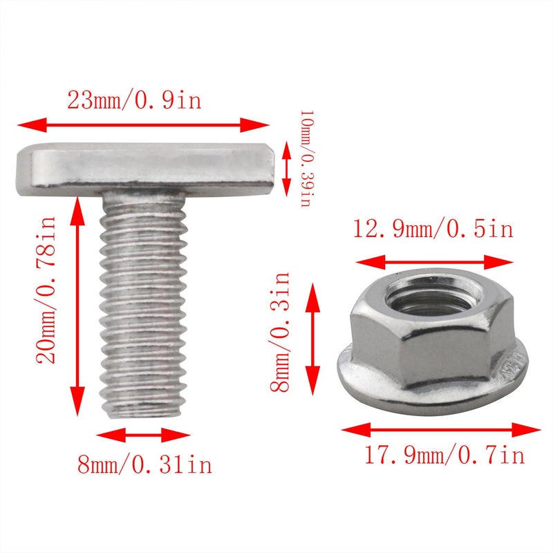 CHENJIN 12PCS Stainless Steel T-Bolts Stud Slide Screws with 12 Hexagonal Flange Nuts M8x20mm Silver Square Head Screws for Photovoltaic Slots for Assembling Furniture Mounting Speakers Casters - Image 2